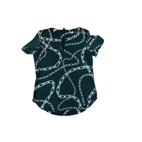Ann Taylor Elegant Top XS Green White Chain Luxury Print Blouse Short Sleeve - Picture 11 of 11